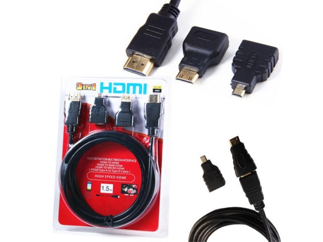 CABLE HDMI (1.5M) CON ADAPTADOR PARA MINI HDMI Y MICRO HDMI